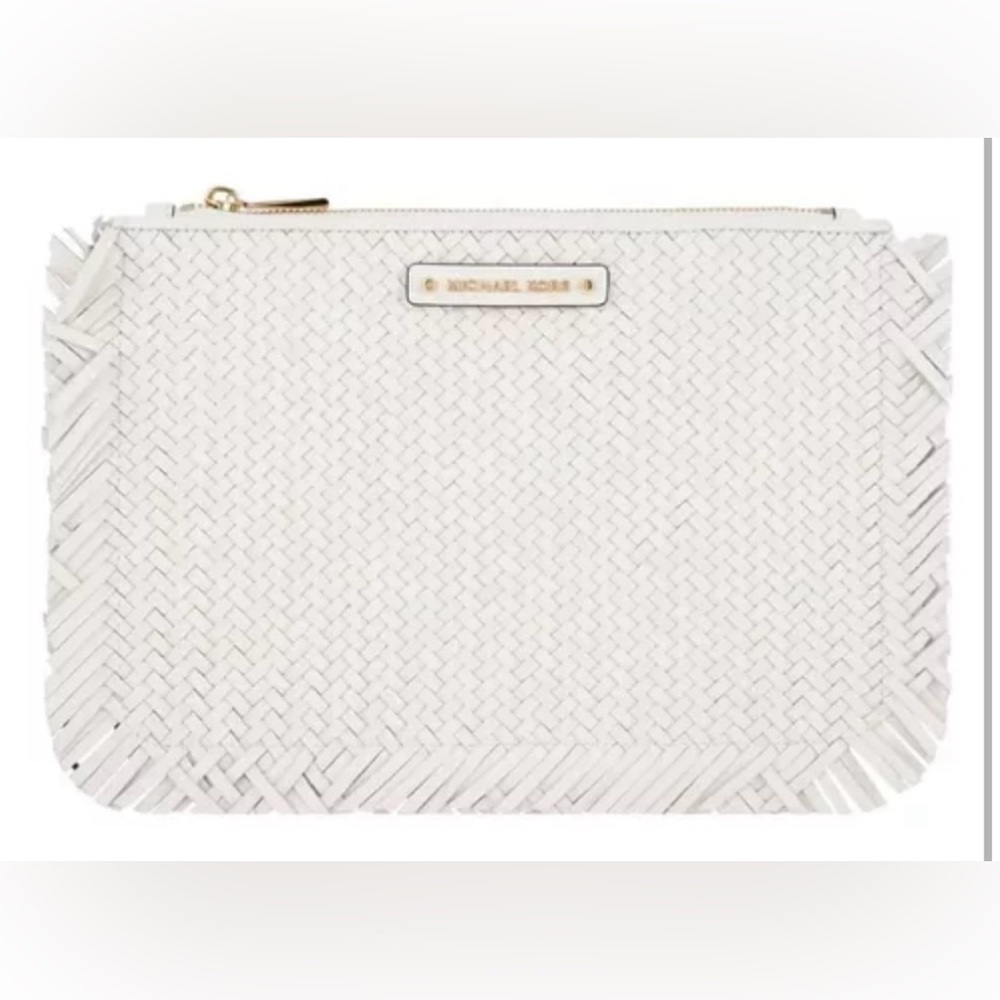 Michael Kors Jet Set Woven White Leather Large Zip Pouch Clutch Fringe Wristlet